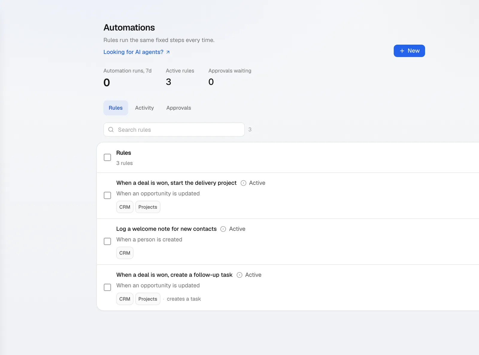 Automation rules that run the same fixed steps and wait for approval