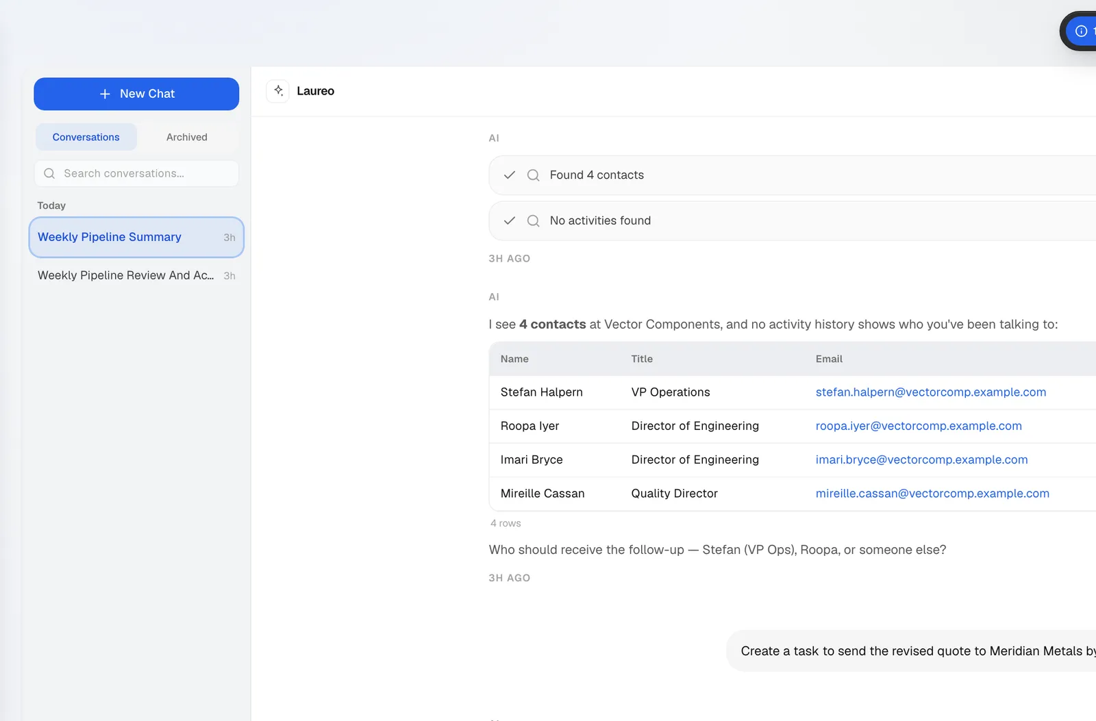 The Laureo AI assistant ready to search the CRM, draft emails, and analyze deals