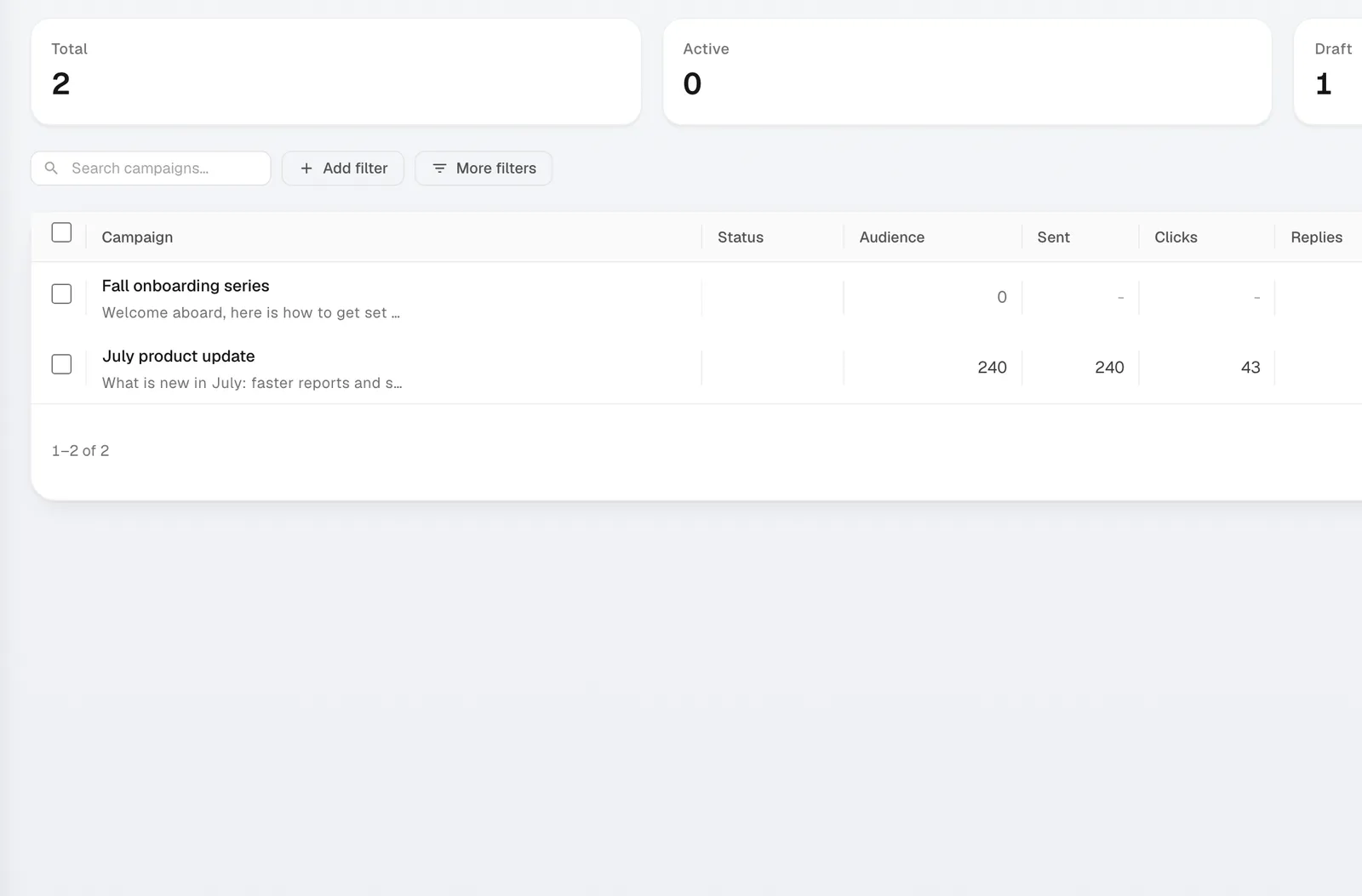 The marketing campaigns workspace with audiences, templates, and analytics tabs