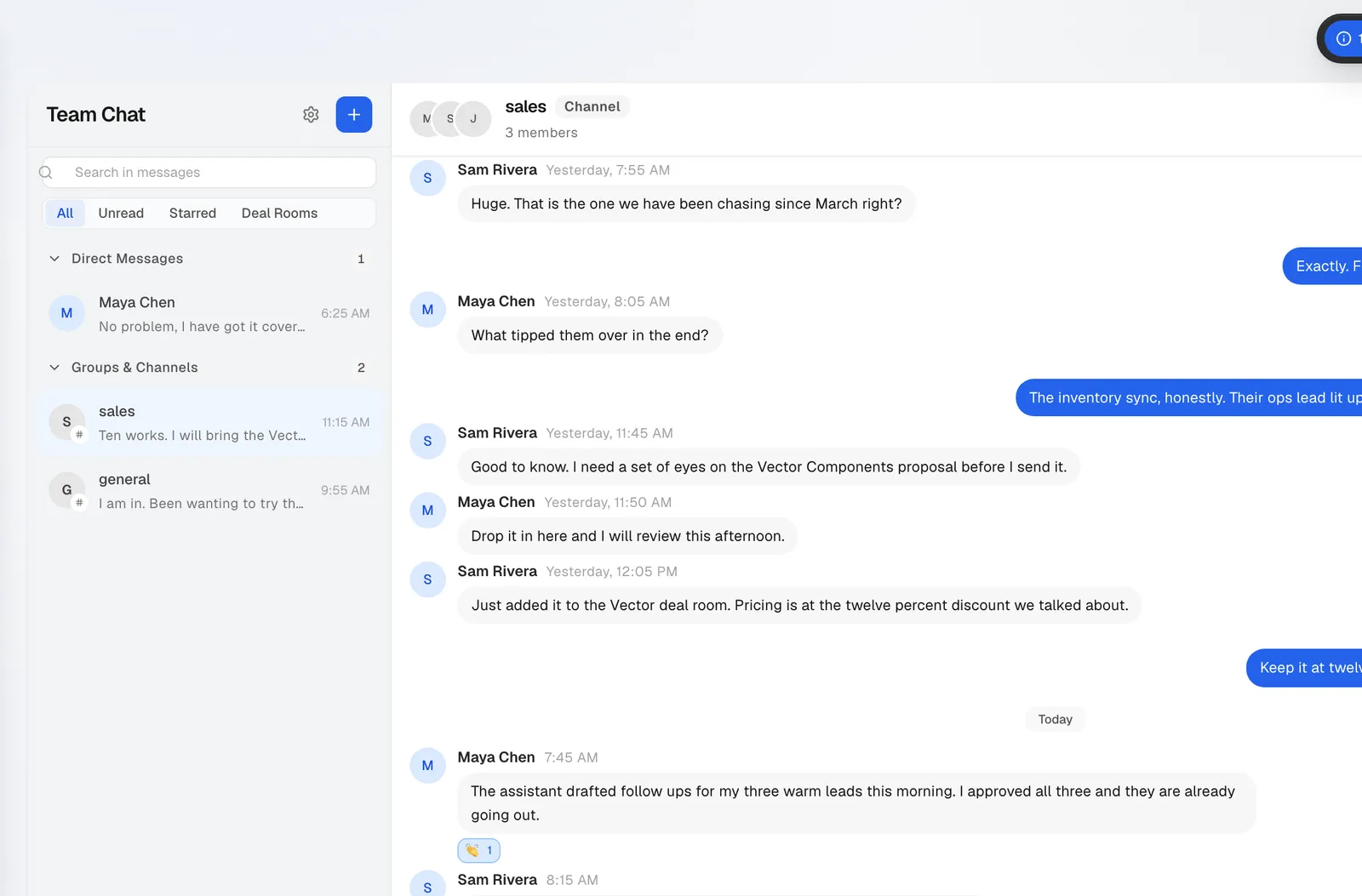 The team chat workspace with deal rooms and group conversations